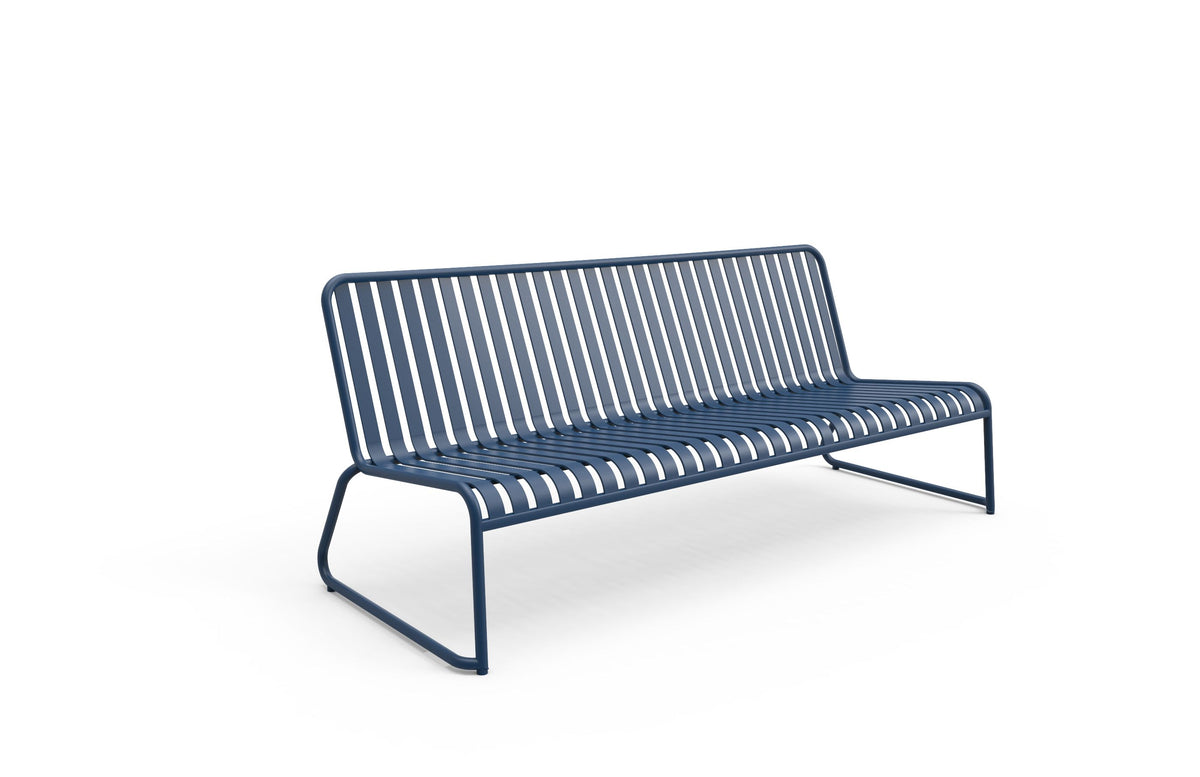 Coloured outdoor furniture from Zaneti -A modern metal slatted 3 seater bench in a muted blue colour