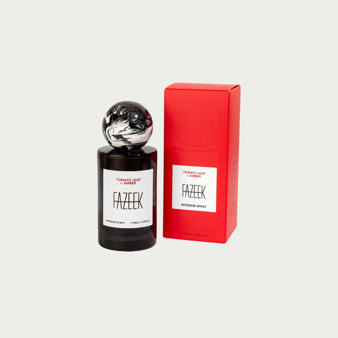 Fazeek Tomato Leaf + Amber Interior Spray 100ml, a fresh, warm room spray with a swirled marble-look cap. Shop it in-store and online at Good Huis Co.