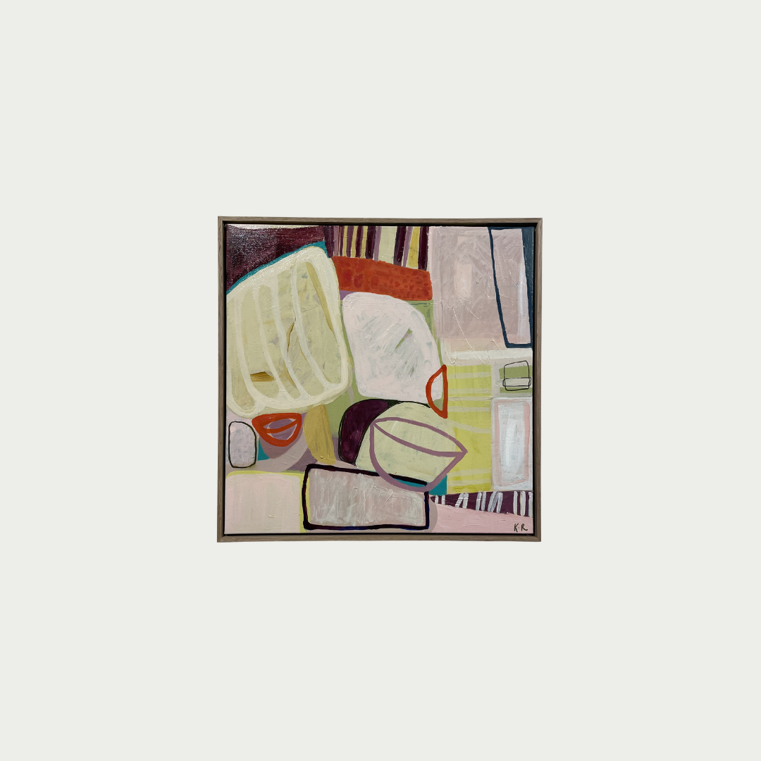 An abstract framed painting featuring geometric shapes and textured brushstrokes in muted tones of beige, gray, green, brown, and red, centered on a light gray background.