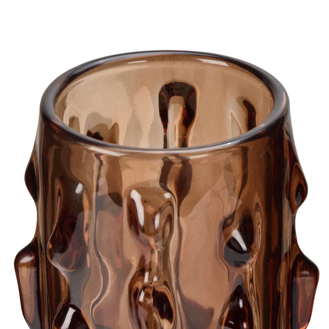 textured brown glass vase with interesting details