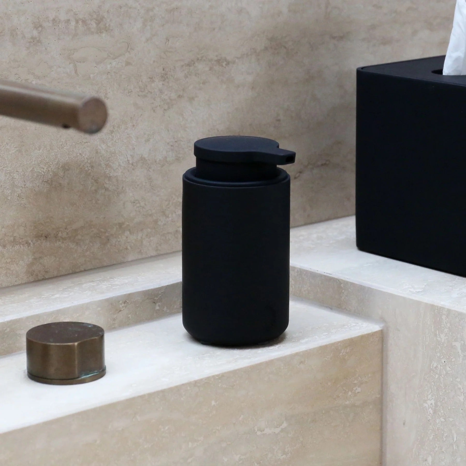 ARC Soap Dispenser in Black — refillable, weighted polyresin design for bathrooms and kitchens. Shop Good Huis Co, Geelong.