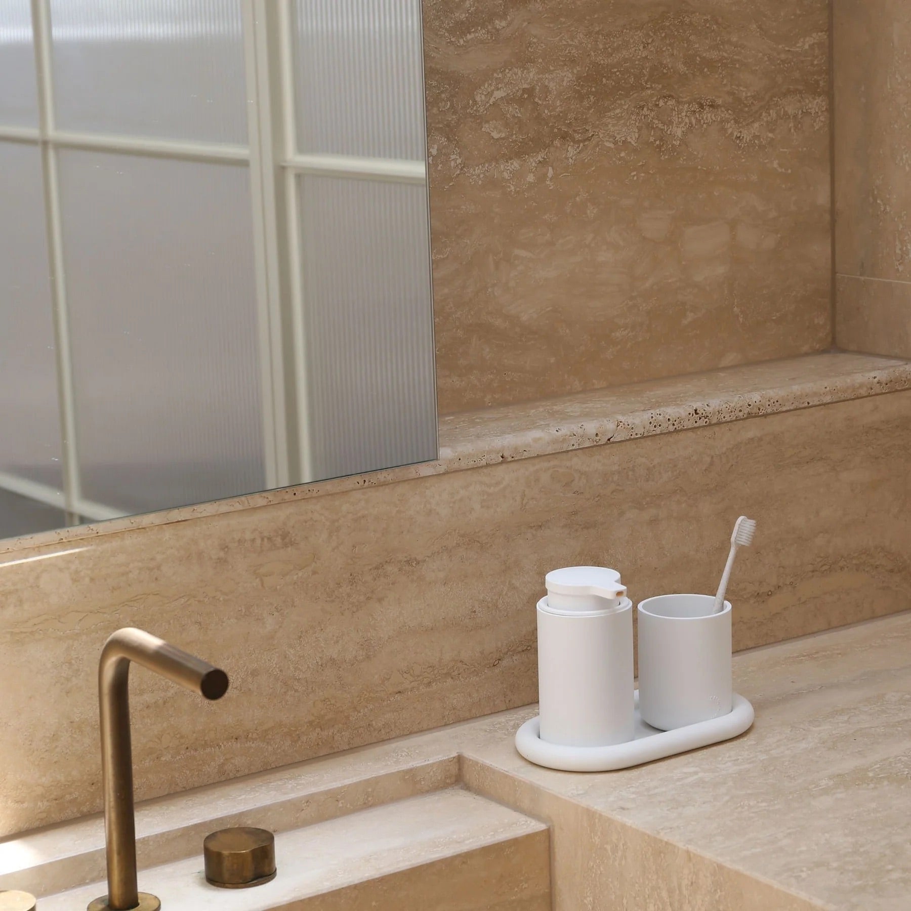 ARC Soap Dispenser in White — refillable, weighted polyresin design for bathrooms and kitchens. Shop Good Huis Co, Geelong.
