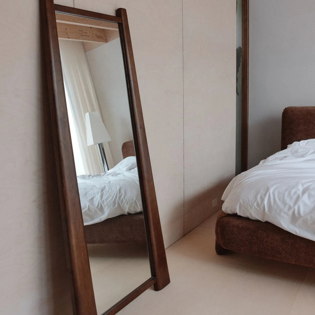 Tall tapered walnut timber floor mirror