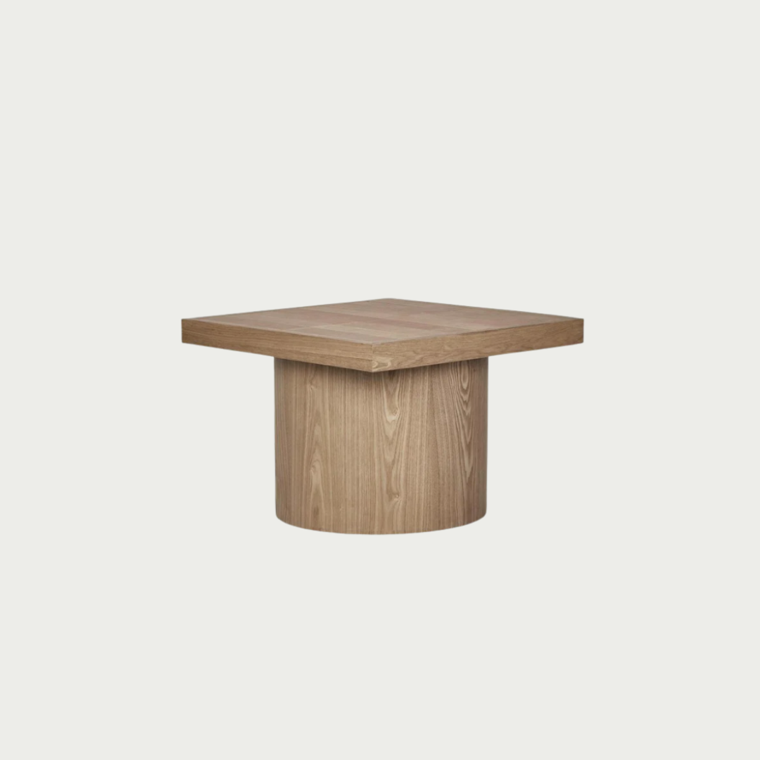 Side view of the Atelier Coffee Table with tile top in natural and blush tones at good huis co Geelong. for neutral living spaces. square in shape