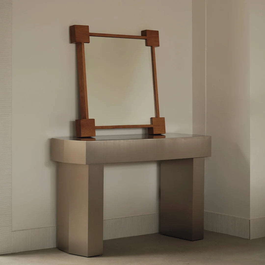 August Mirror in solid American Oak with architectural corner-block frame. A warm, structured piece for the hallway or living space.