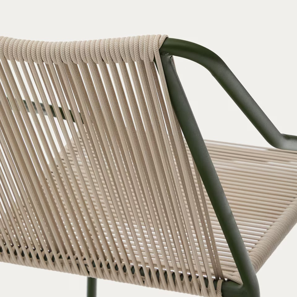 Back view of outdoor dining chair woven details in beige and green 