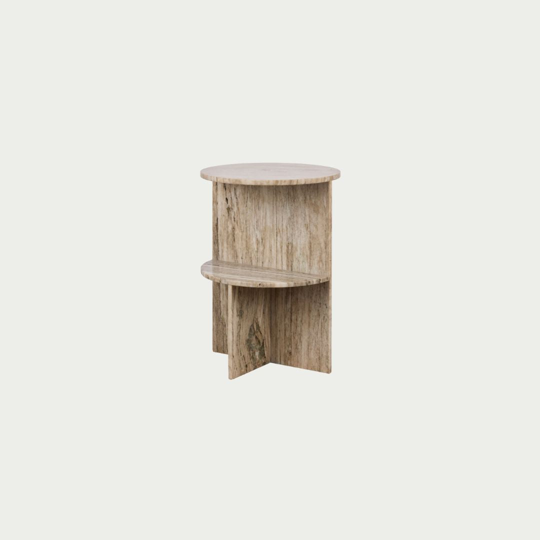 Binx Side Table in Banswara marble, round two-tier silhouette with a cross-leg base, shown on a white background.
