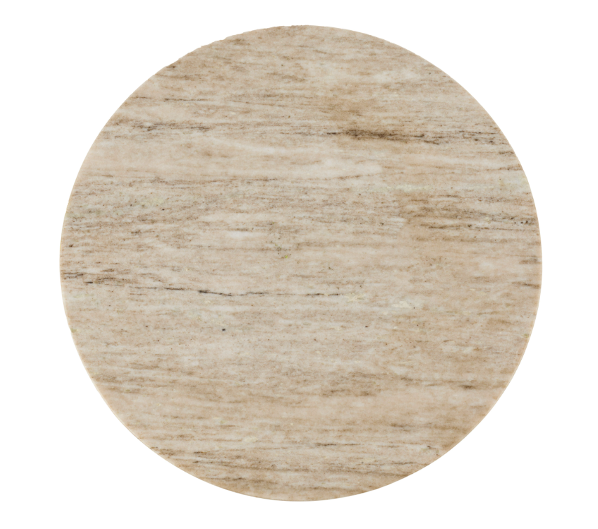 Binx Side Table in Banswara marble, round two-tier silhouette with a cross-leg base, shown on a white background.