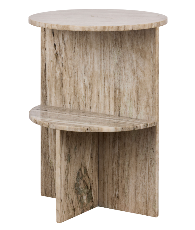 Binx Side Table in Banswara marble, round two-tier silhouette with a cross-leg base, shown on a white background.