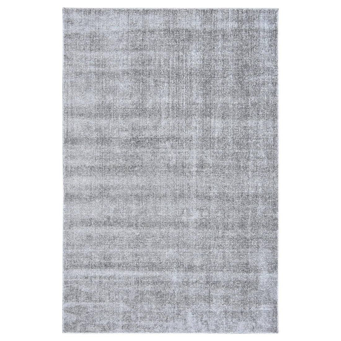 A rectangular area rug with a distressed, textured pattern in shades of light gray and white, shown flat against a white background.