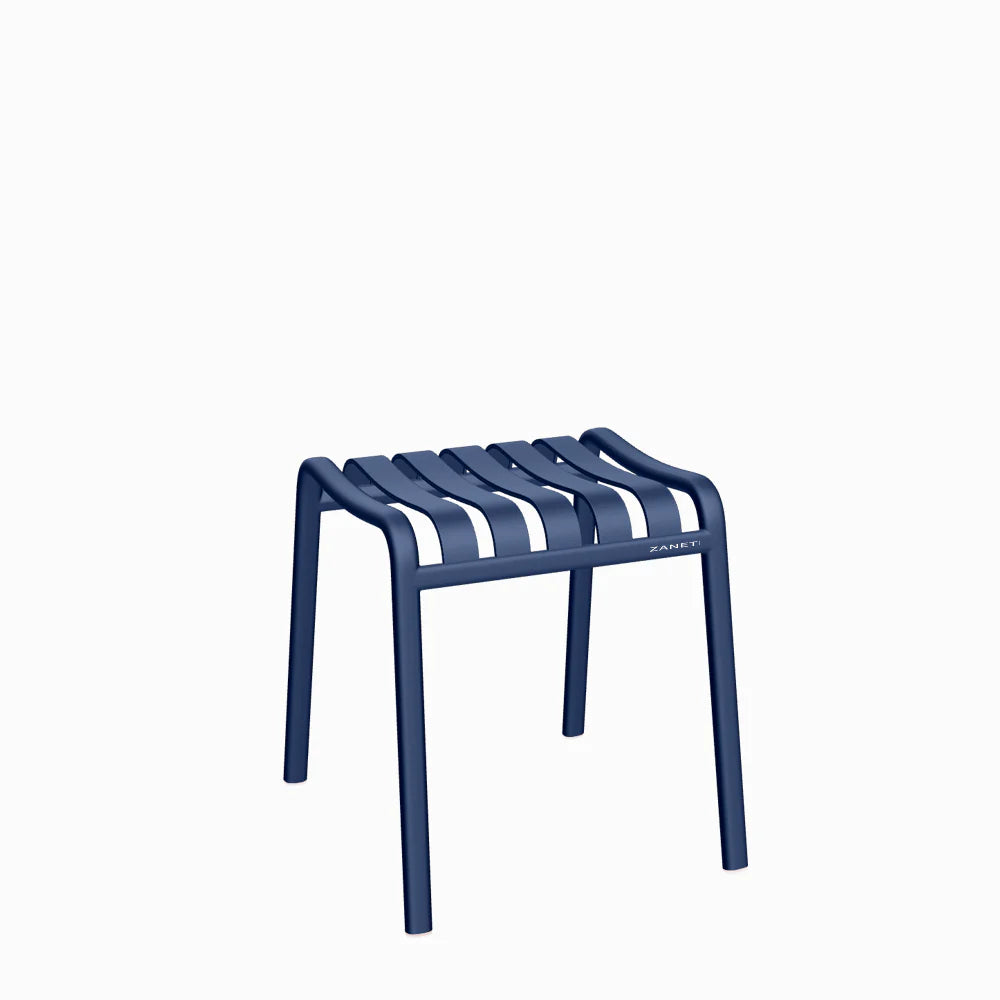 Navy blue stool with white stripes on a white background