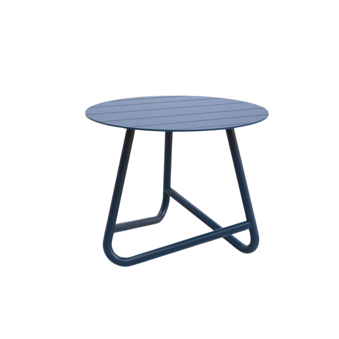 A small round blue metal side table with a simplistic and modern design, suitable for outdoor use.