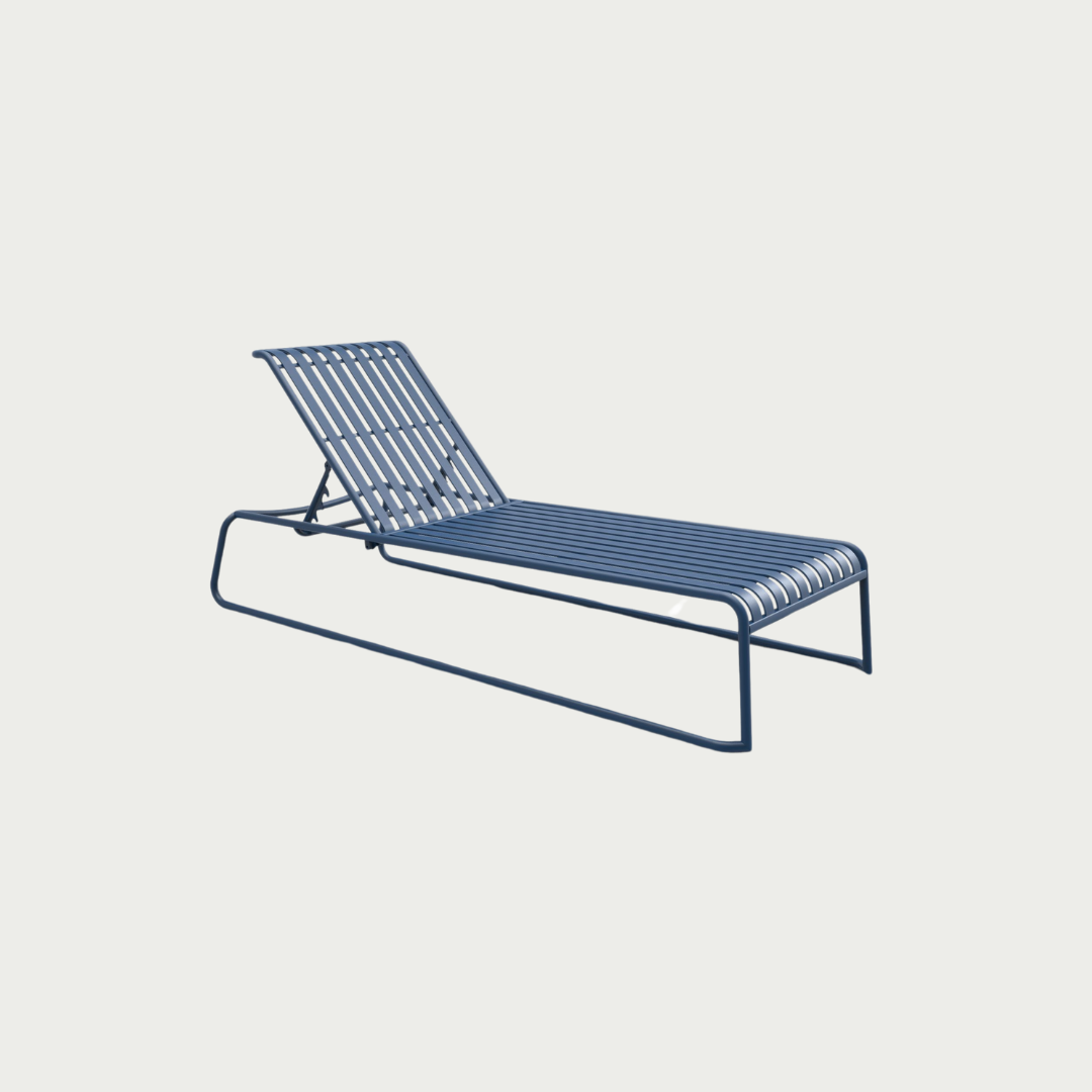 Blue metal Brighton sun bed with an adjustable backrest, placed against a white background.
