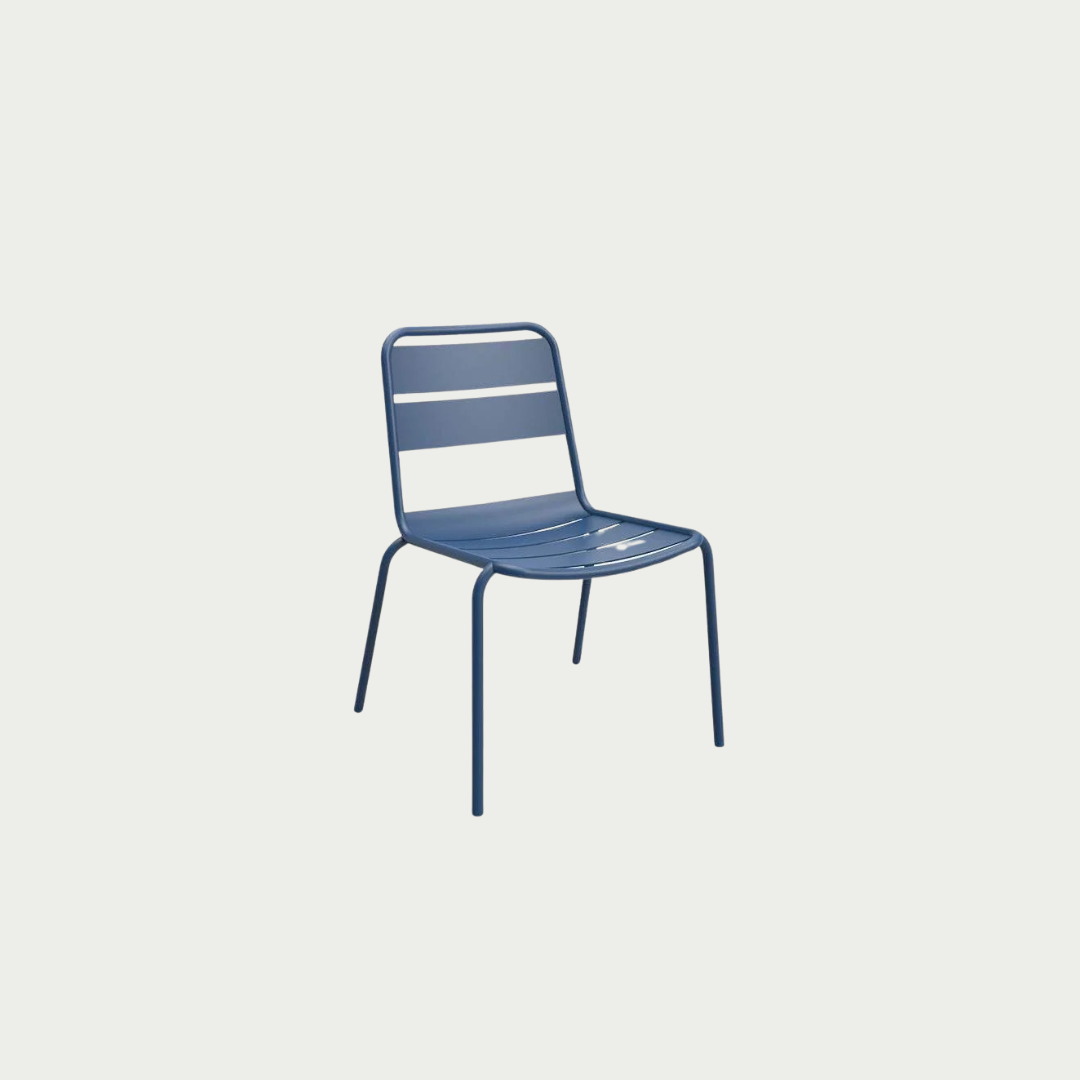 A blue metal Sprout Side Chair with a minimalistic design, suitable for outdoor use.