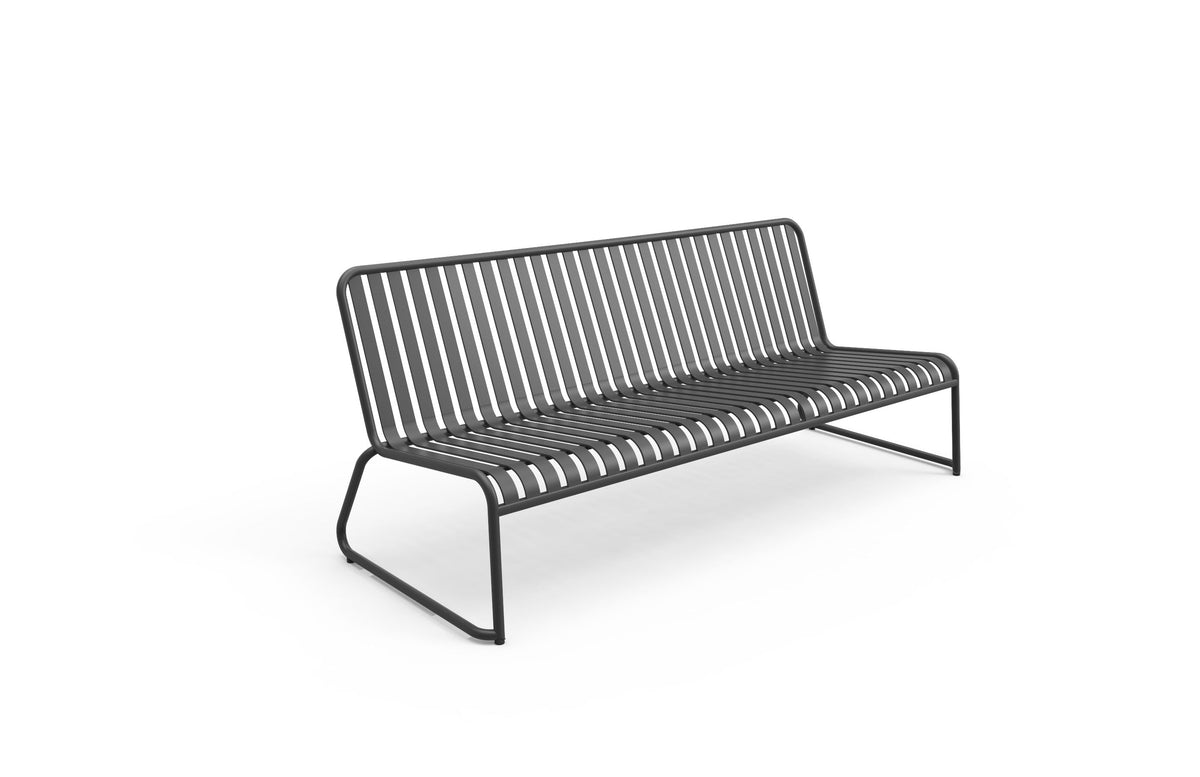 Coloured outdoor furniture from Zaneti -A modern metal slatted 3 seater bench in a dark grey colour