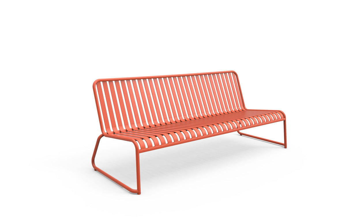 Coloured outdoor furniture from Zaneti -A modern metal slatted 3 seater bench in a bright orange colour
