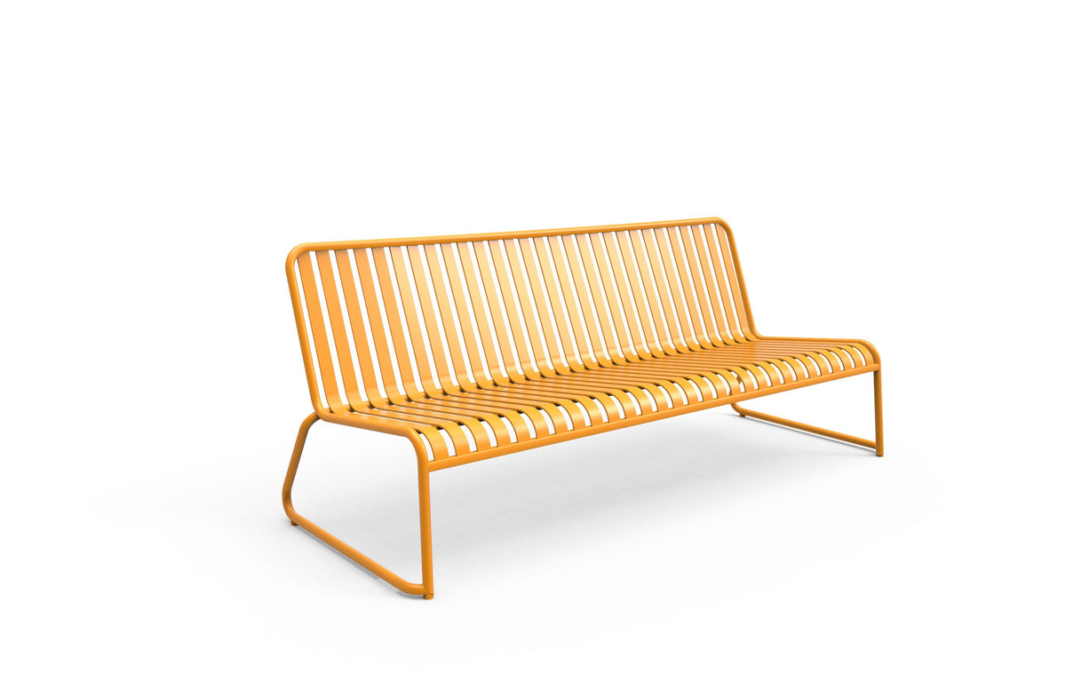 Coloured outdoor furniture from Zaneti -A modern metal slatted 3 seater bench in a yellow colour