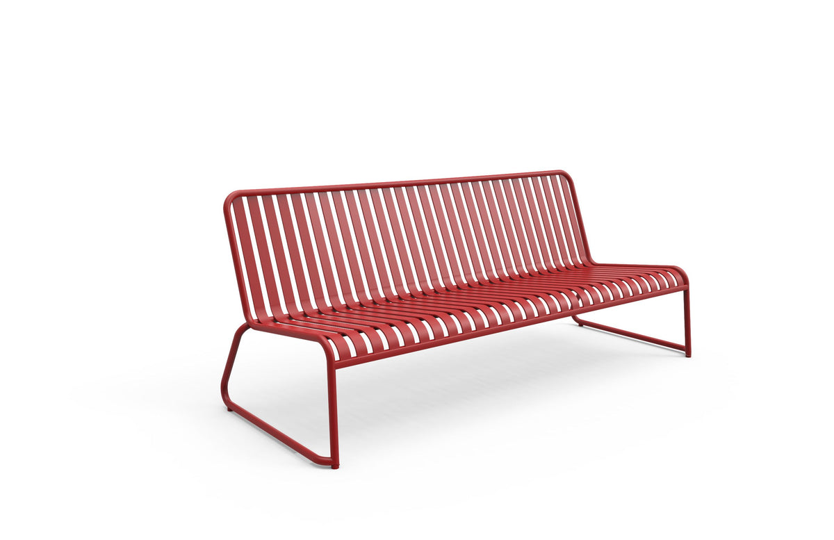 Coloured outdoor furniture from Zaneti -A modern metal slatted 3 seater bench in a red colour