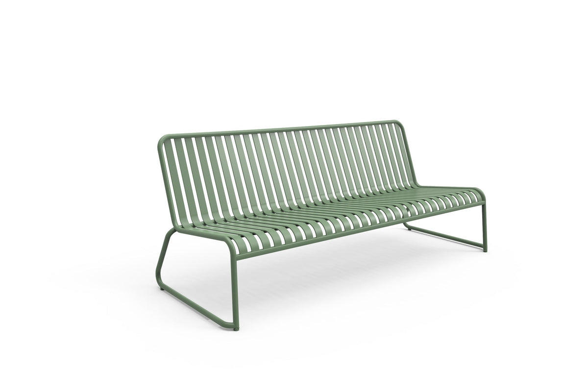 Coloured outdoor furniture from Zaneti -A modern metal slatted 3 seater bench in a sage green colour