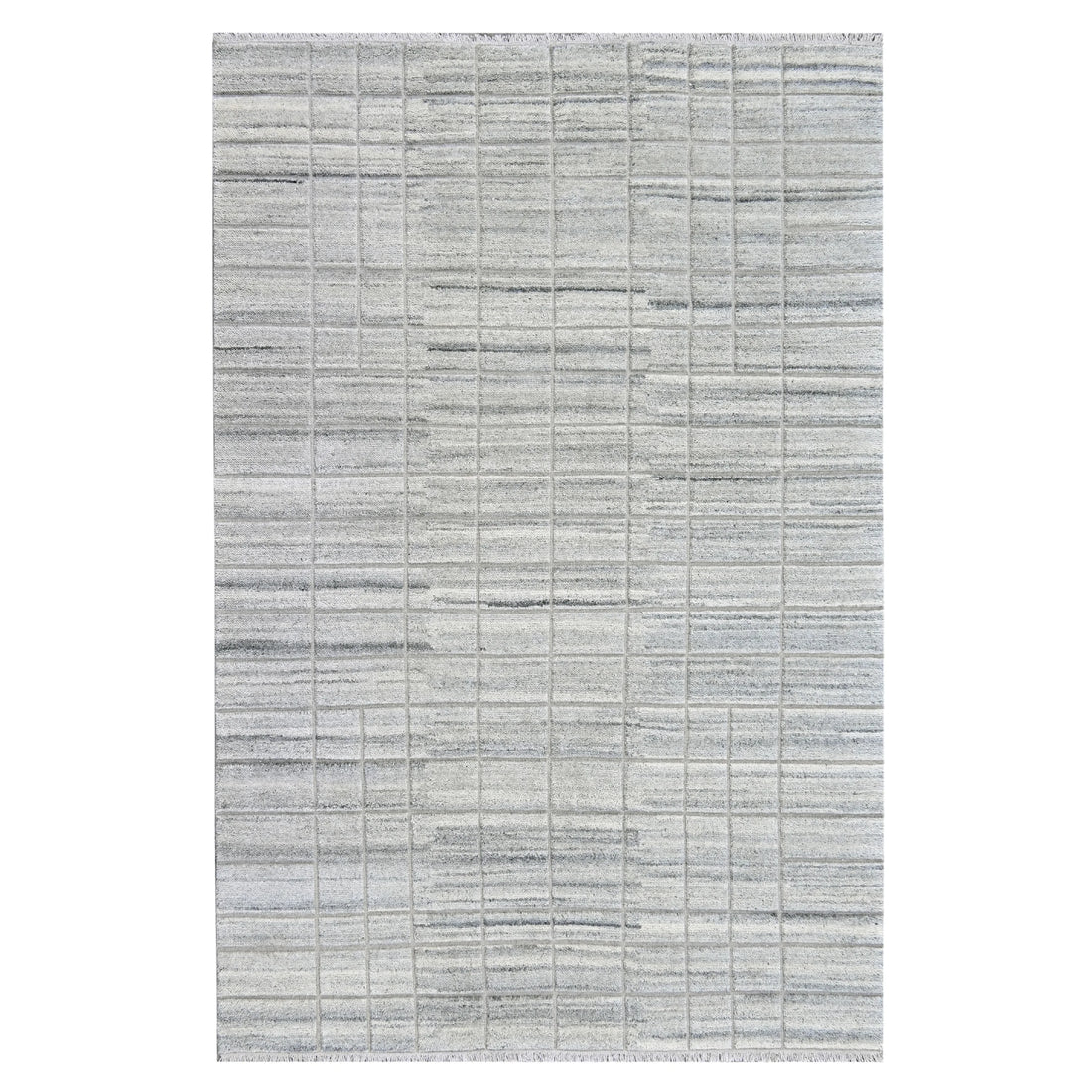 A rectangular area rug with a textured, horizontal striped pattern in shades of light gray, beige, and off-white.