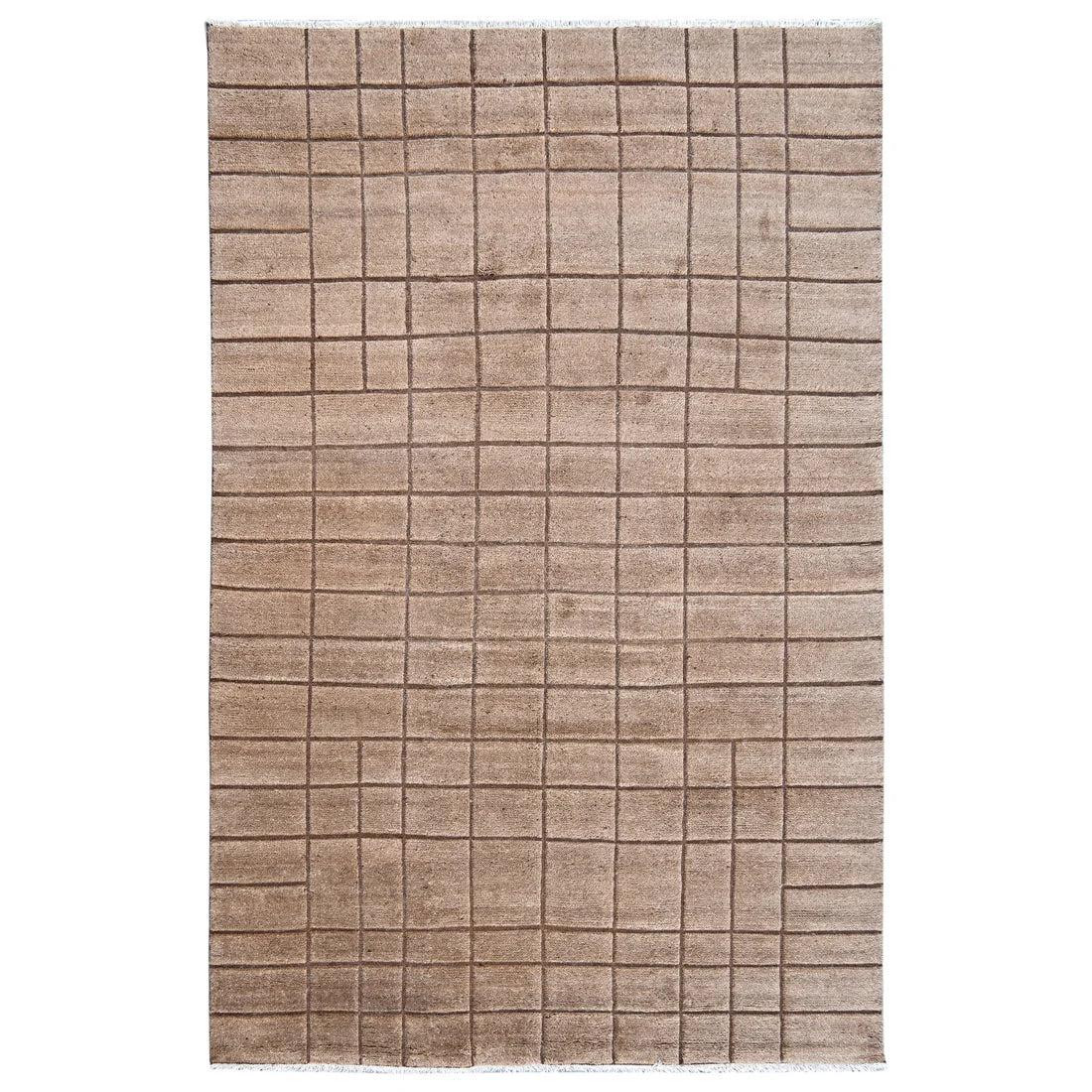 Textured brown rug with linear pattern with cream fringe 