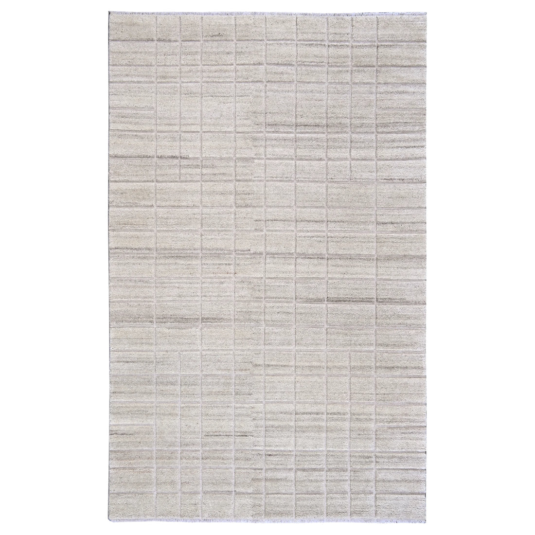 A rectangular area rug with a textured, woven grid pattern in light beige and gray tones, shown flat against a white background.