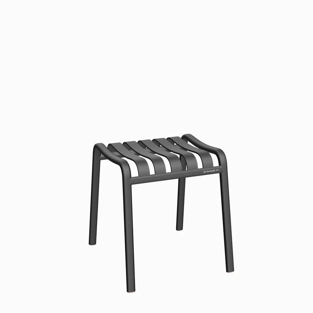 Black metal stool with horizontal slats on a white background
