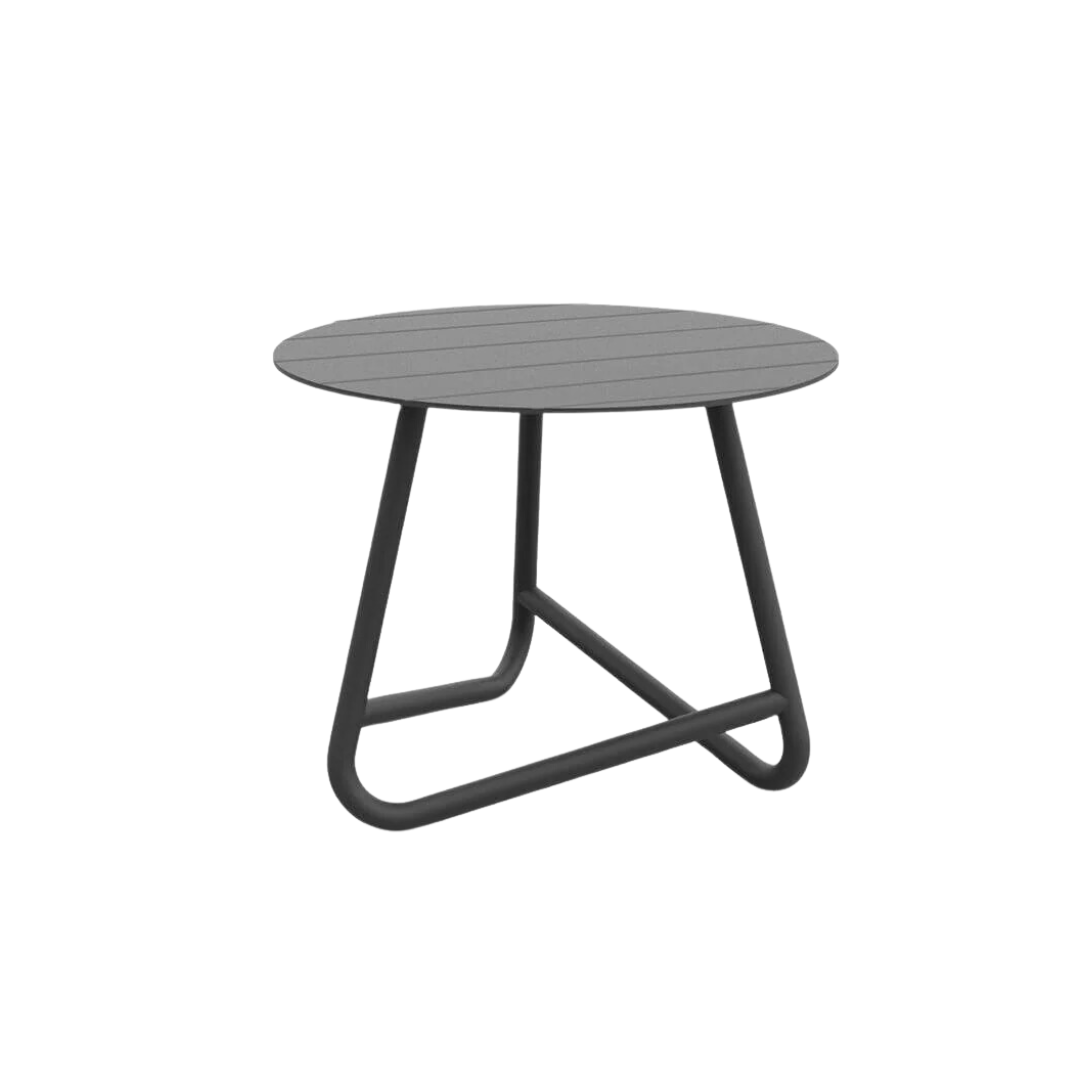 A small round charcoal metal side table with a simplistic and modern design, suitable for outdoor use.