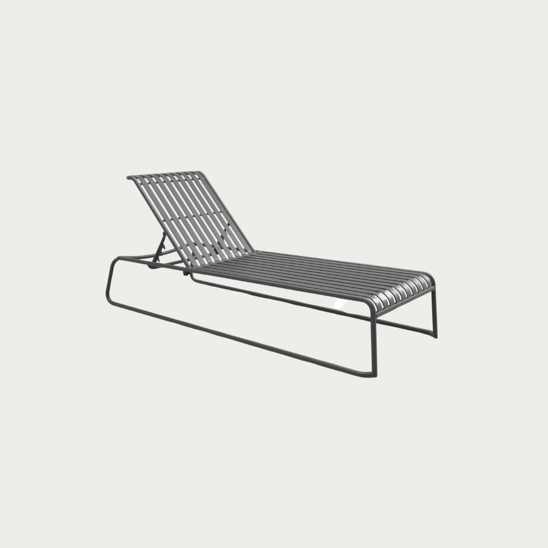Charcoal metal Brighton sun bed with an adjustable backrest, placed against a white background.