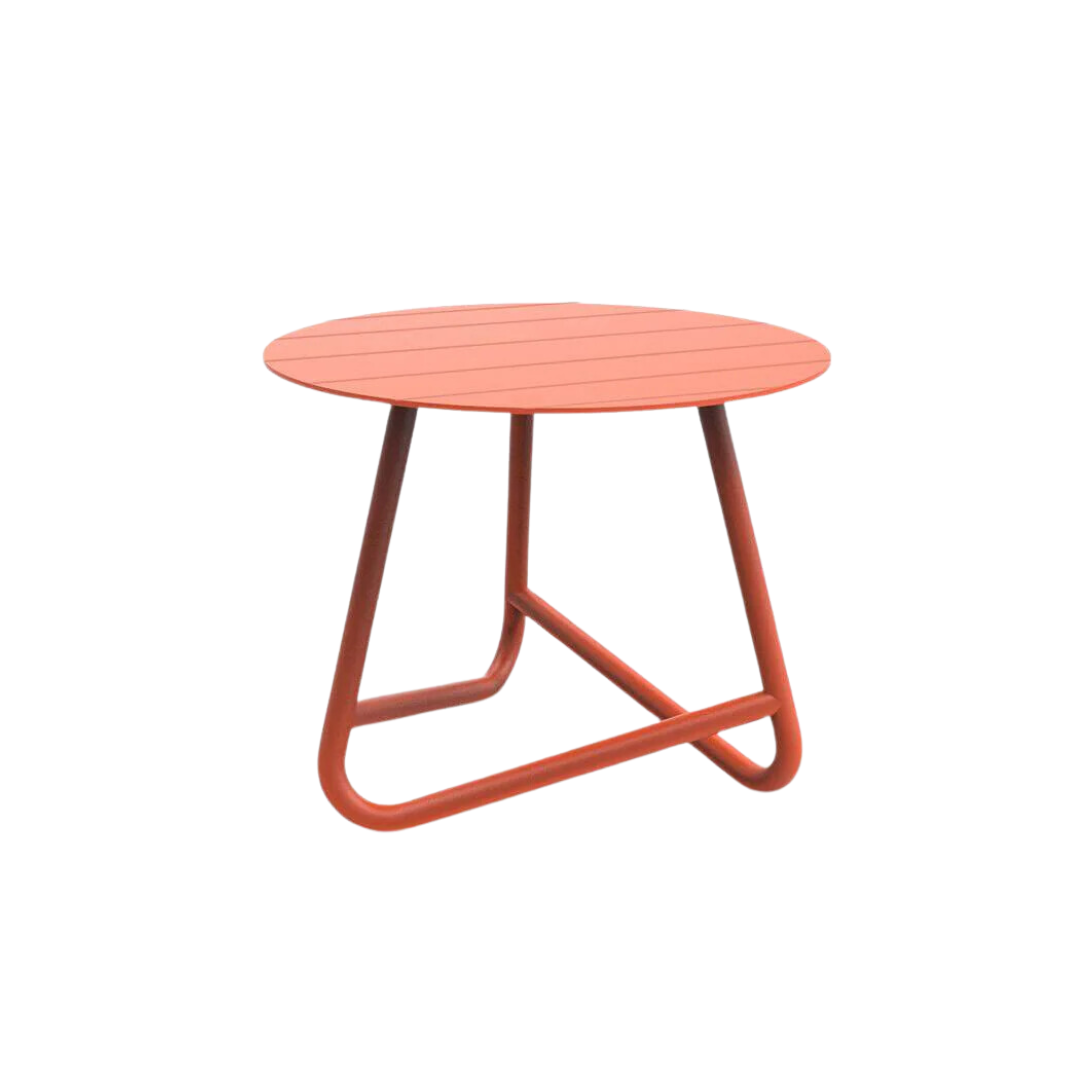 A small round orange metal side table with a simplistic and modern design, suitable for outdoor use.
