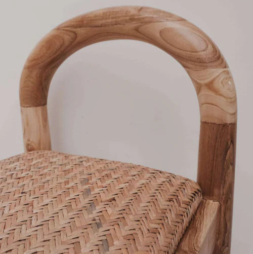 Desa Bar Stool in Light Natural teak, arched backrest with hand-woven Desa pattern seat.