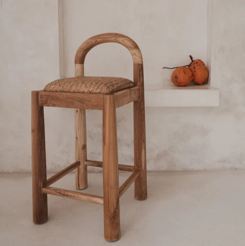 Desa Bar Stool in Light Natural teak, arched backrest with hand-woven Desa pattern seat.