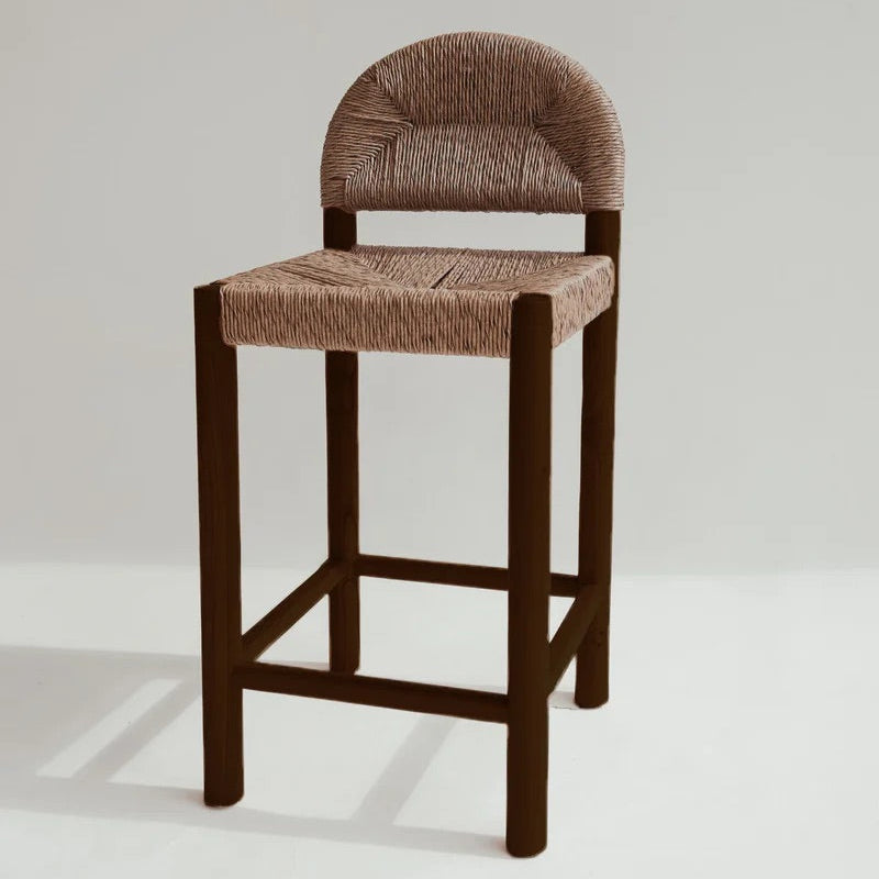 Dilly Bar Stool in Chocolate Brown, teak frame with woven synthetic rattan seat and backrest.