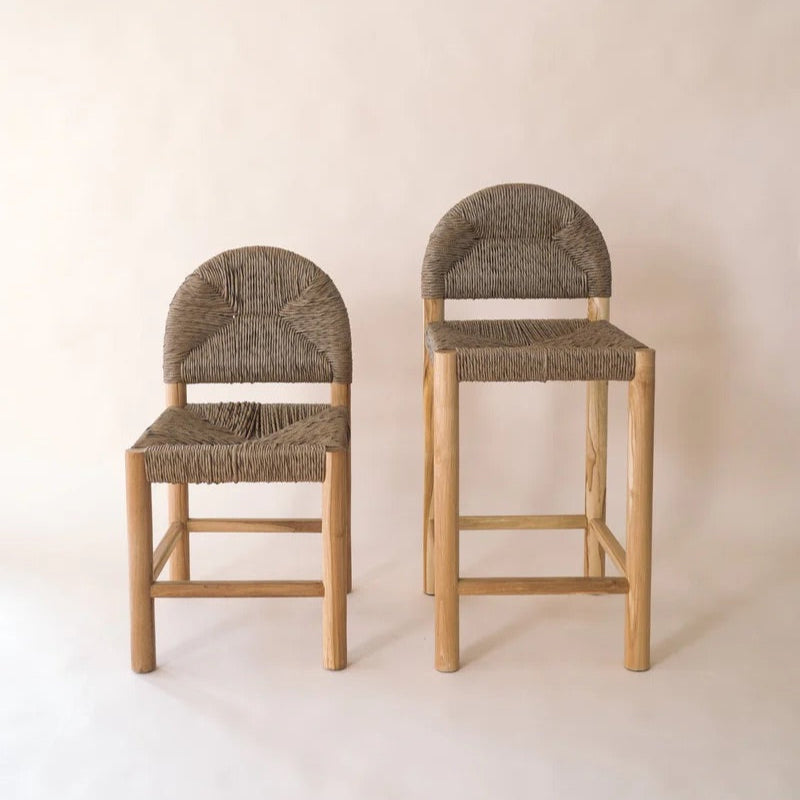 Dilly Dining Chair and Bar Stool in Light Natural, teak frame with woven synthetic rattan seat and backrest.