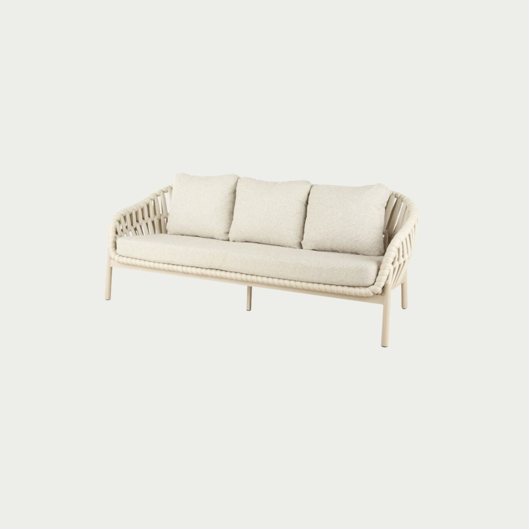 Elwood Outdoor 3 Seater Sofa in Beige, woven polyester rope frame with cushioned seating, styled on a white background.