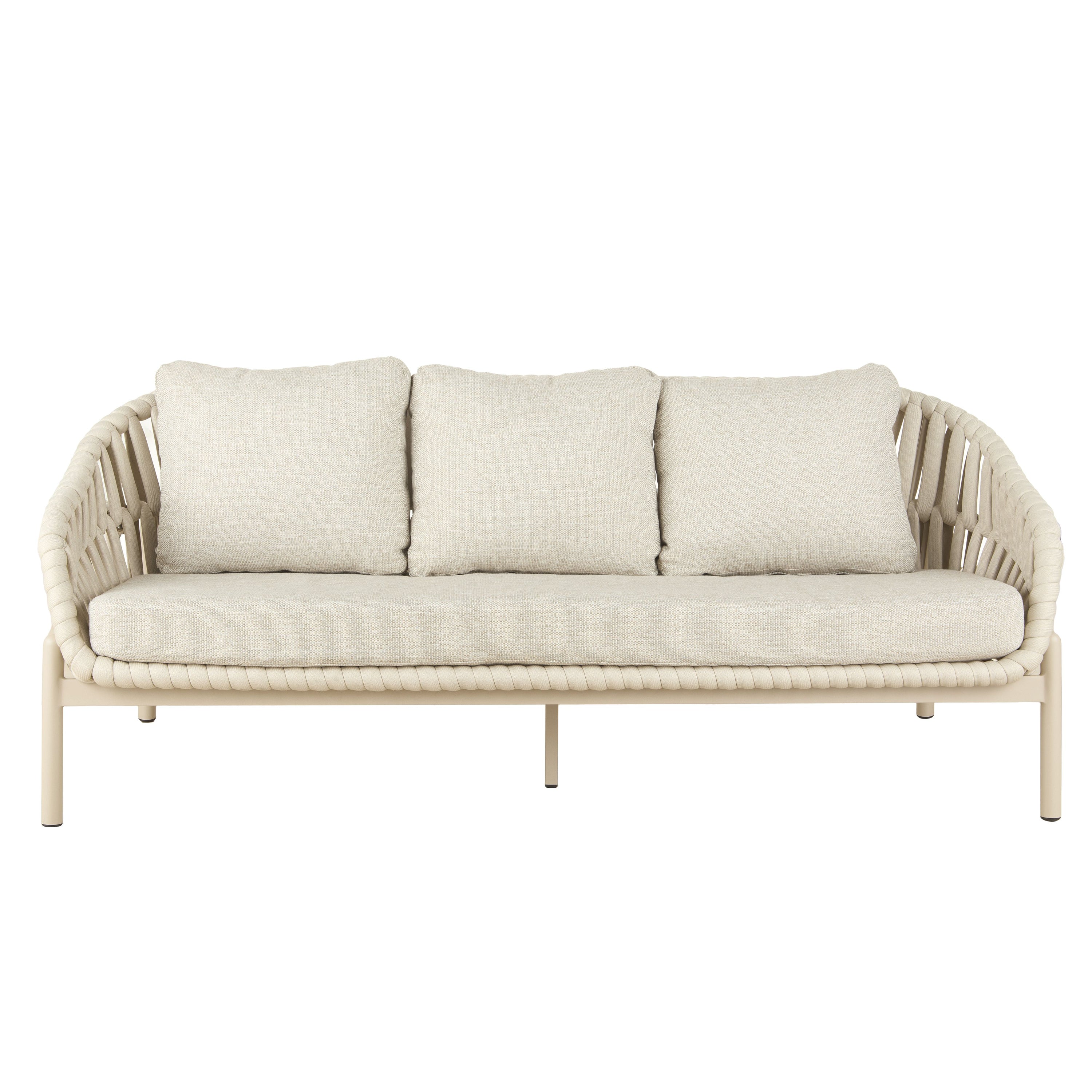 Elwood Outdoor 3 Seater Sofa in Beige, woven polyester rope frame with cushioned seating, styled on a white background.