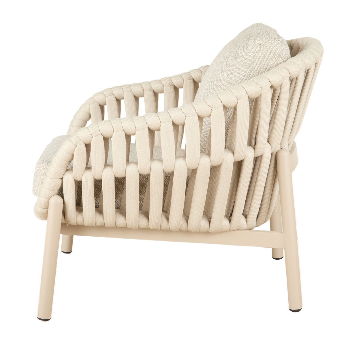 Elwood Outdoor Chair in Beige, woven polyester rope frame with cushioned seat, styled on a white background.