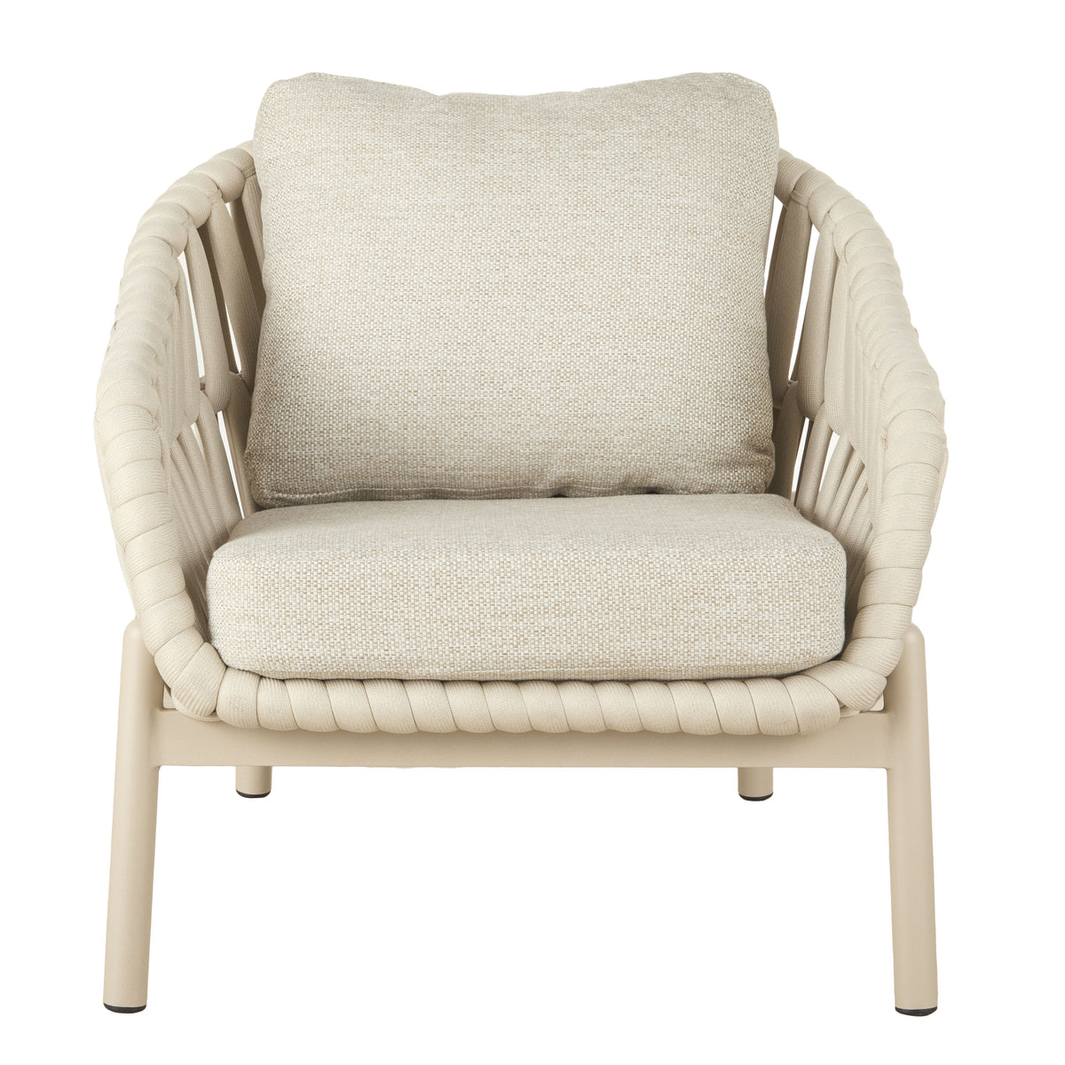 Elwood Outdoor Chair in Beige, woven polyester rope frame with cushioned seat, styled on a white background.