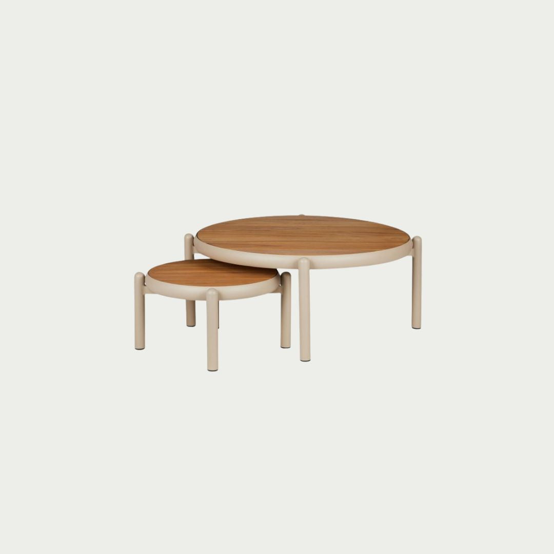 Elwood Outdoor Coffee Table Set of 2, nesting round tables in aluminium with teak tops, shown on a white background.