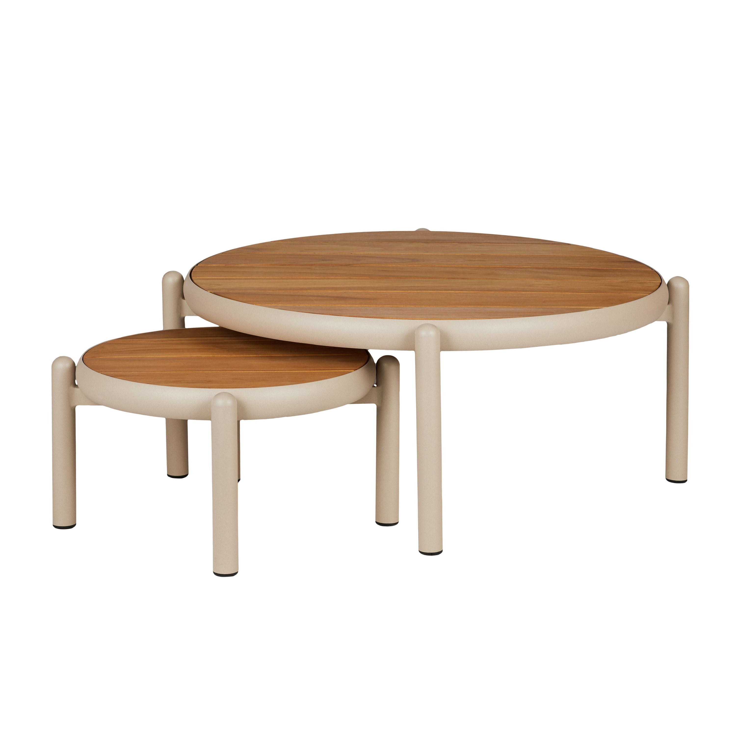 Elwood Outdoor Coffee Table Set of 2, nesting round tables in aluminium with teak tops, shown on a white background.