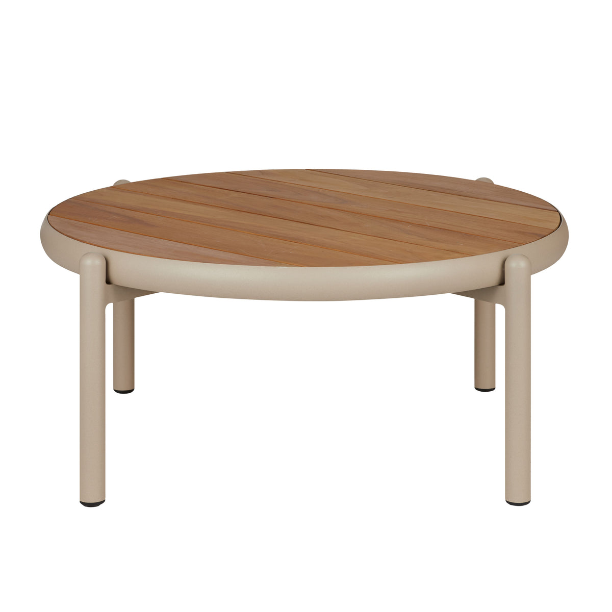 Elwood Outdoor Coffee Table Set of 2, nesting round tables in aluminium with teak tops, shown on a white background.