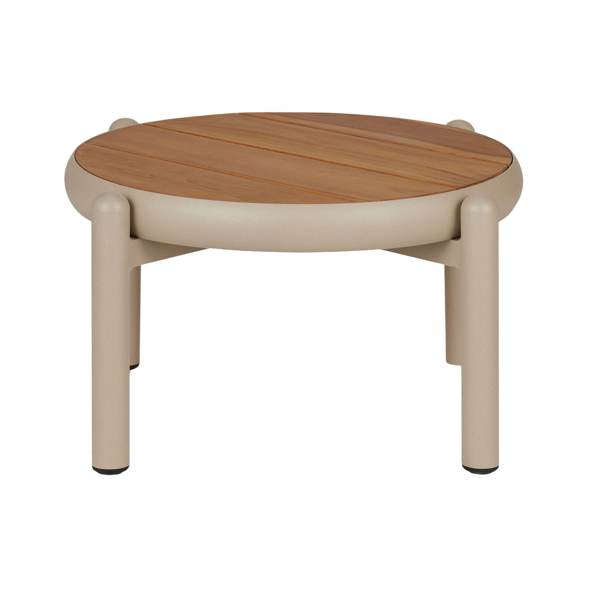 Elwood Outdoor Coffee Table Set of 2, nesting round tables in aluminium with teak tops, shown on a white background.