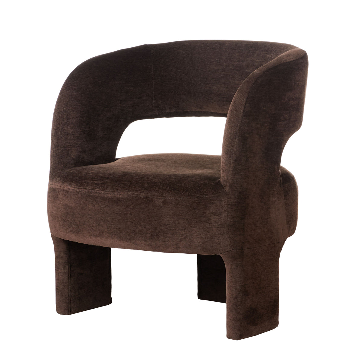Formes Armchair in Chocolate velvet, curved cocoon backrest with an open cut-out and rounded plywood legs.