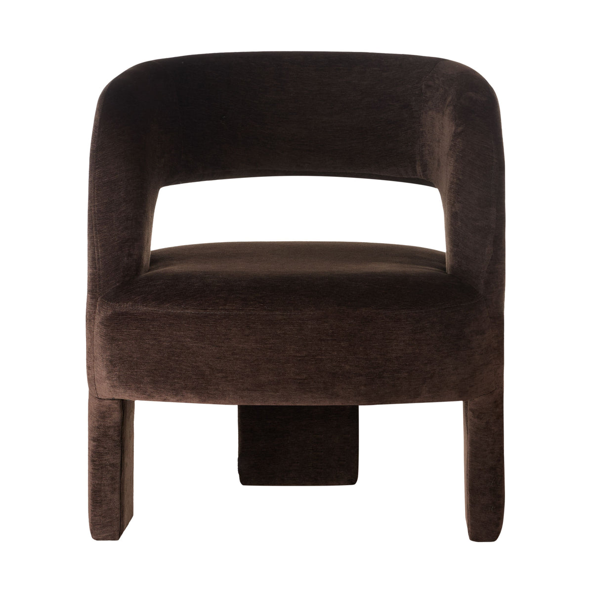 Formes Armchair in Chocolate velvet, curved cocoon backrest with an open cut-out and rounded plywood legs.