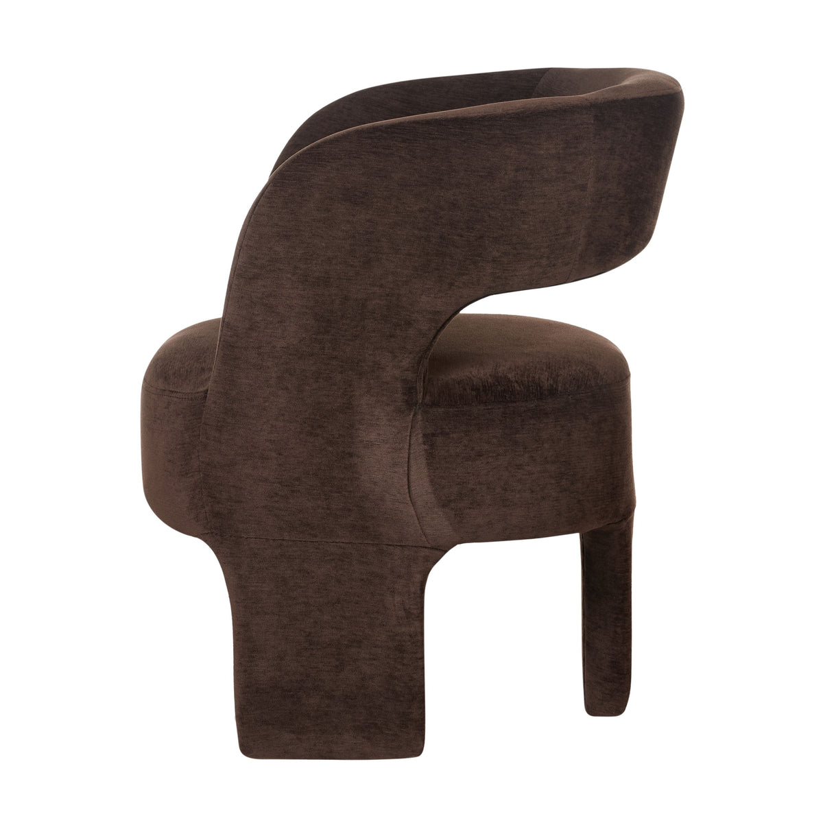 Formes Armchair in Chocolate velvet, curved cocoon backrest with an open cut-out and rounded plywood legs.