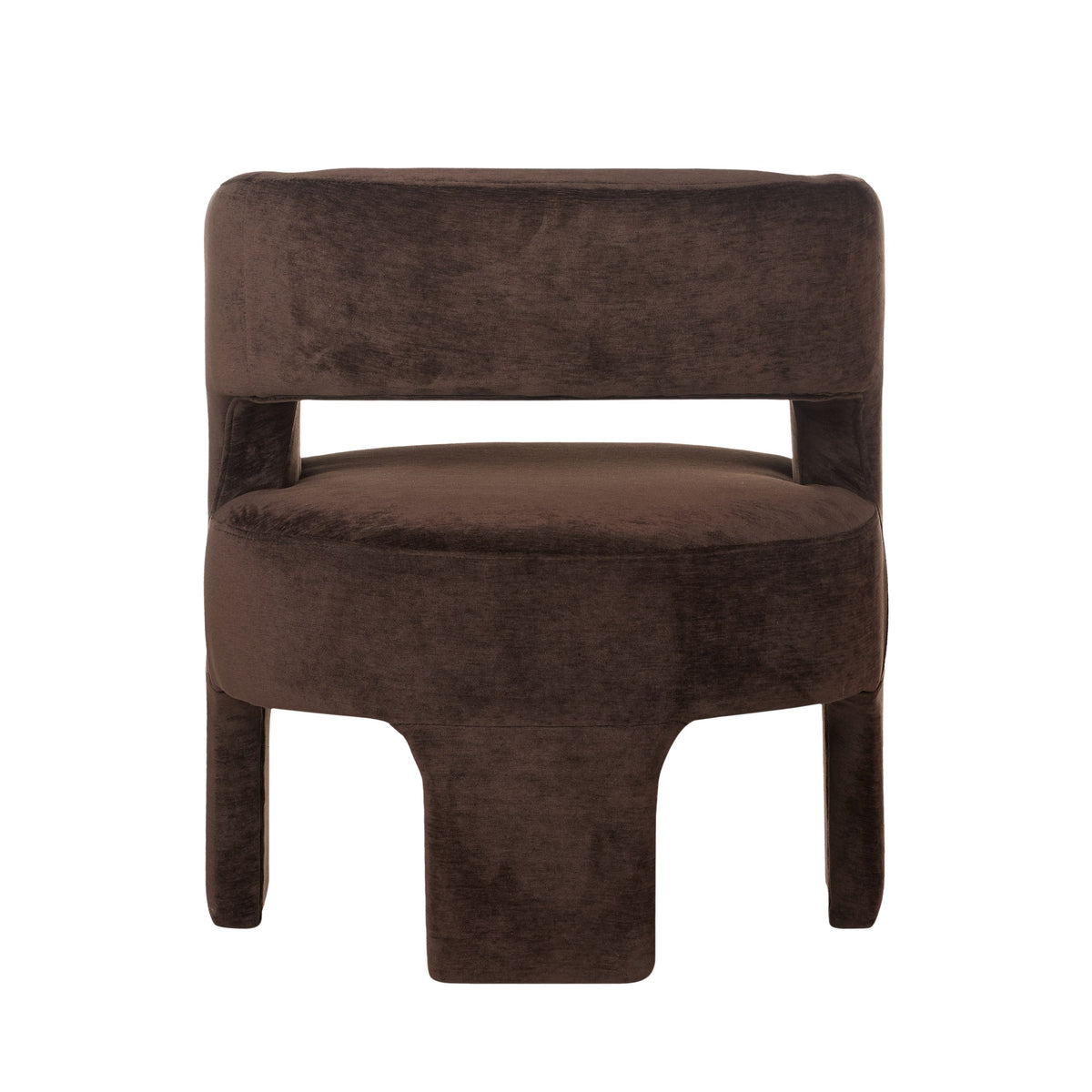 Formes Armchair in Chocolate velvet, curved cocoon backrest with an open cut-out and rounded plywood legs.