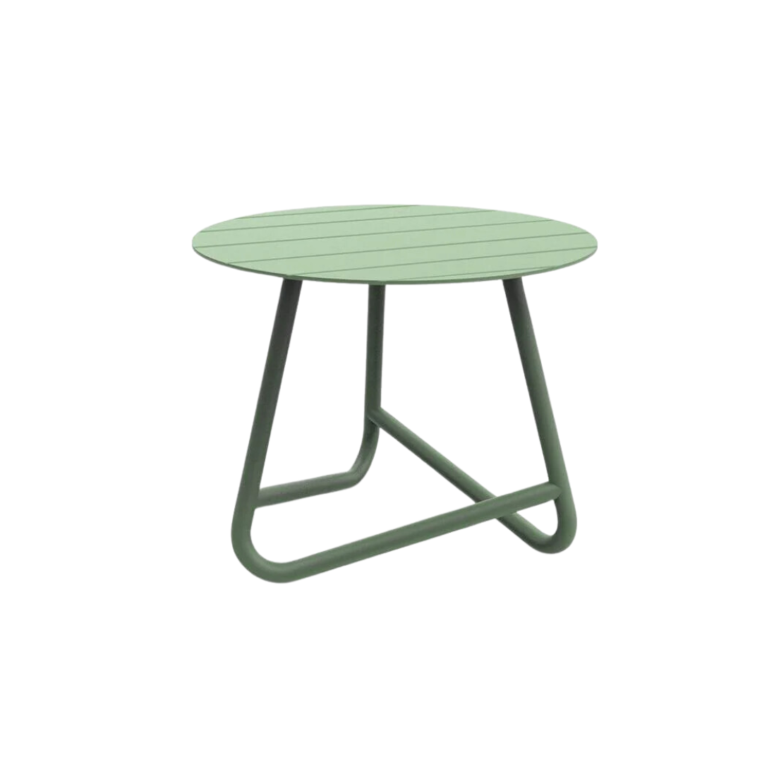 A small round green metal side table with a simplistic and modern design, suitable for outdoor use.
