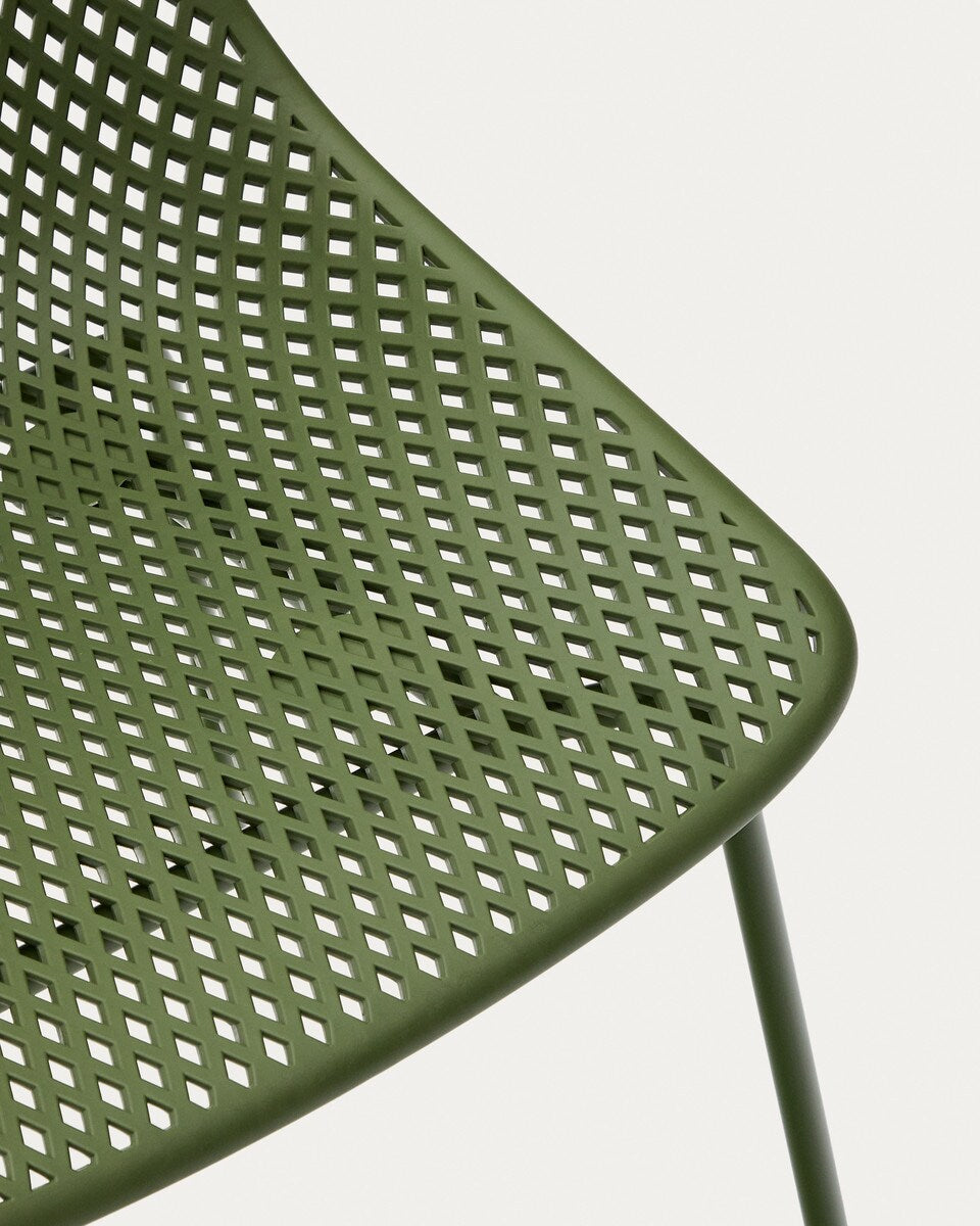 Green metal chair with lattice design on a white background