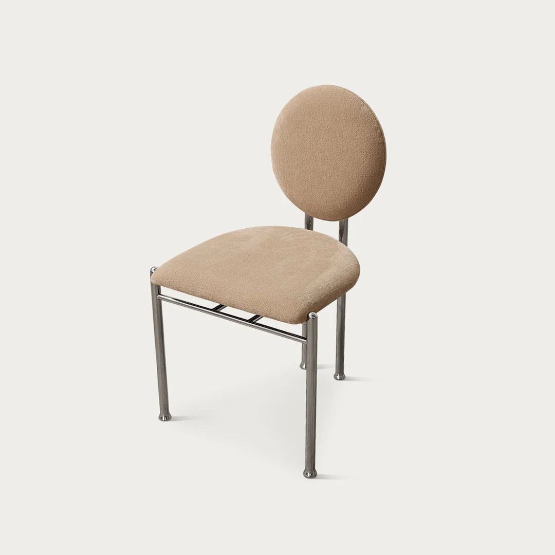 Dining chair with circular ecru upholstered backrest and steel legs