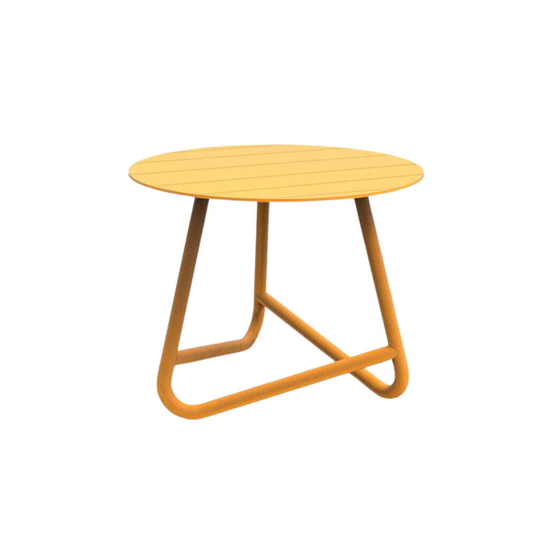 A small round yellow metal side table with a simplistic and modern design, suitable for outdoor use.